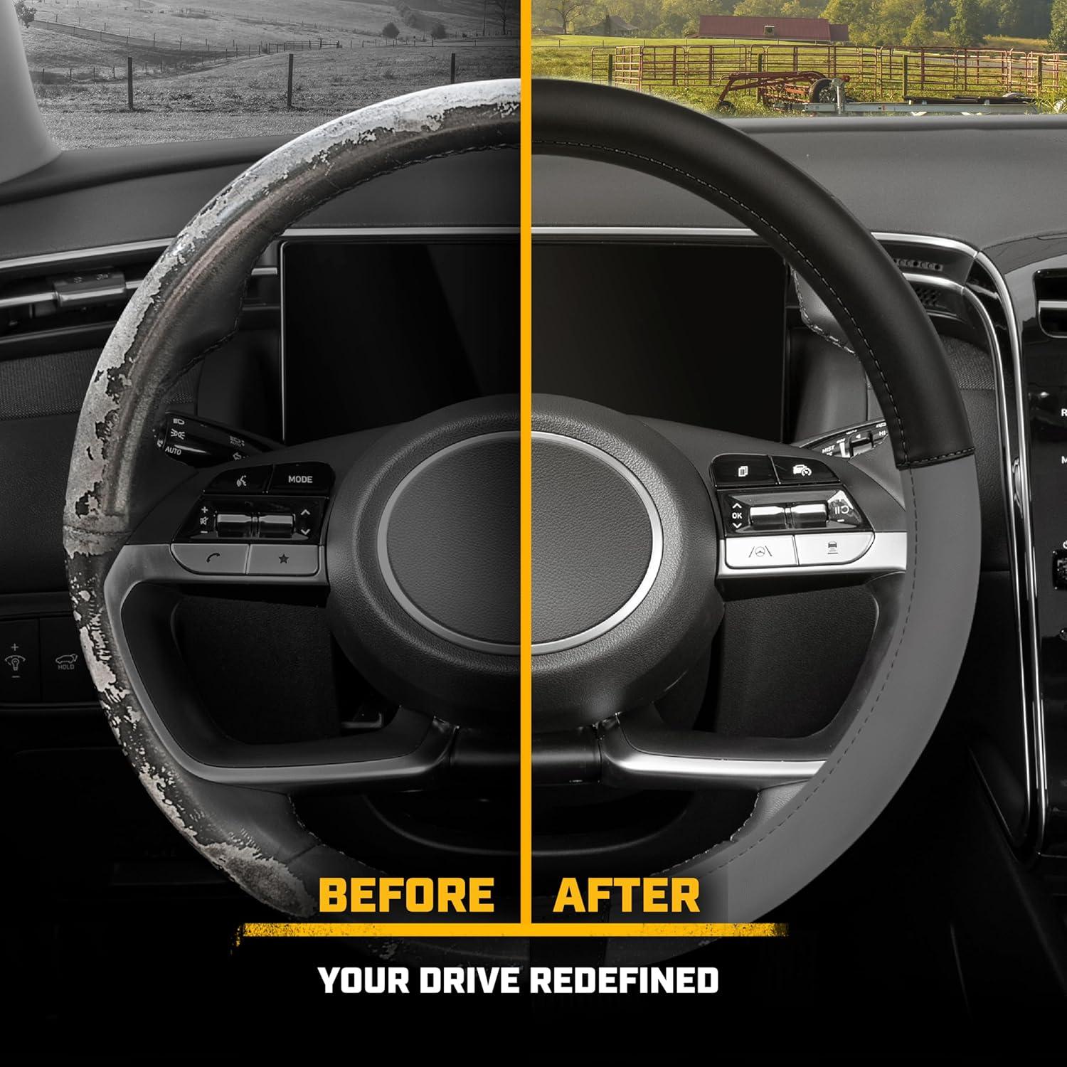 imageCat ErgoDrive Car Steering Wheel Cover with Light Gray Grip Standard 15 inch Size Durable and Comfortable with Advanced Grip Black Faux Leather Steering Wheel Cover for Auto Truck Van SUVDark Gray Black