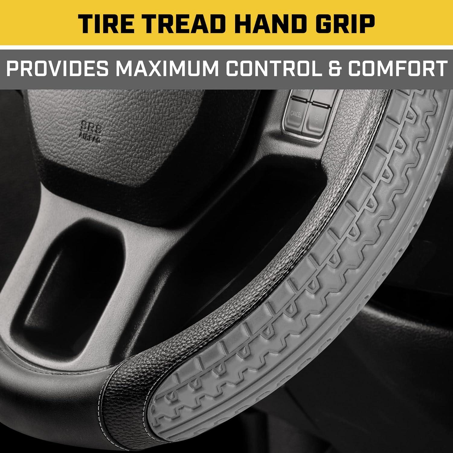 imageCat ErgoDrive Car Steering Wheel Cover with Light Gray Grip Standard 15 inch Size Durable and Comfortable with Advanced Grip Black Faux Leather Steering Wheel Cover for Auto Truck Van SUVBlackGray