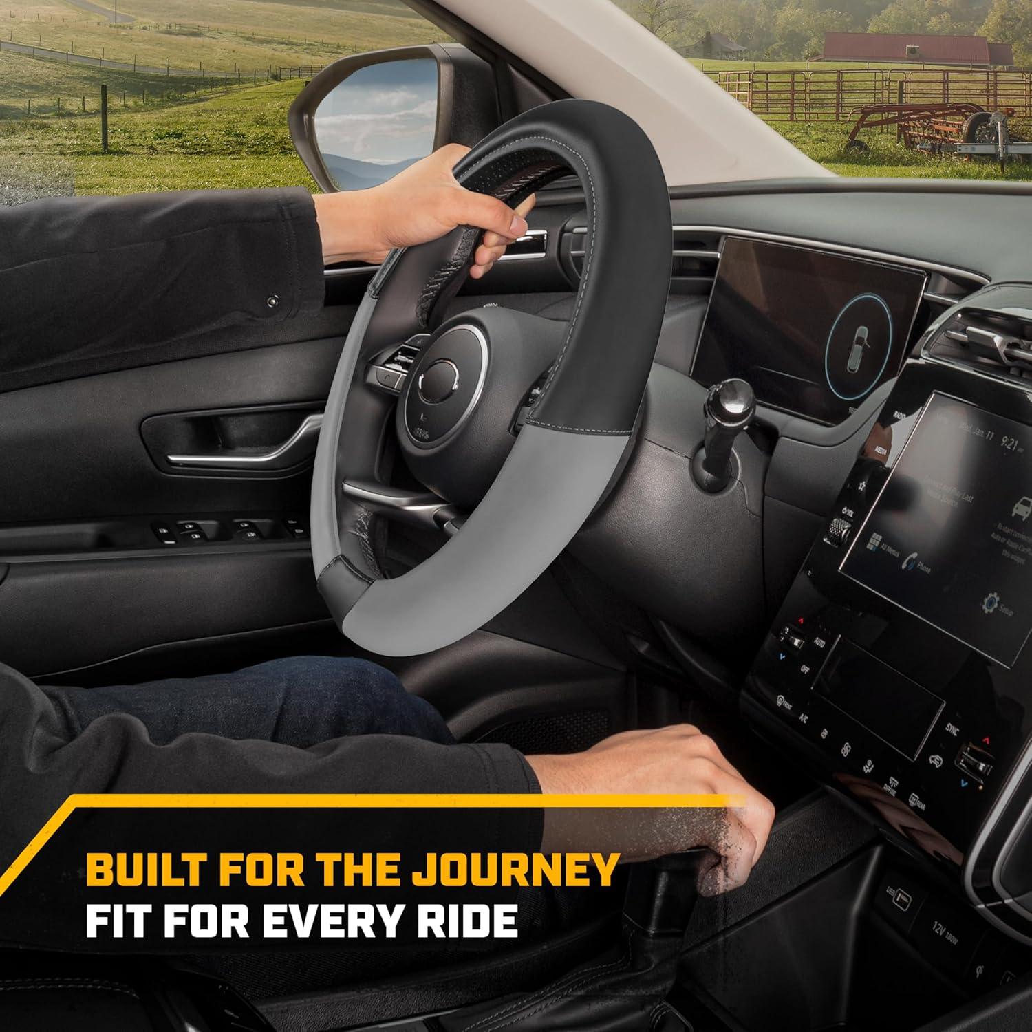 imageCat ErgoDrive Car Steering Wheel Cover with Light Gray Grip Standard 15 inch Size Durable and Comfortable with Advanced Grip Black Faux Leather Steering Wheel Cover for Auto Truck Van SUVGray ErgoDrive