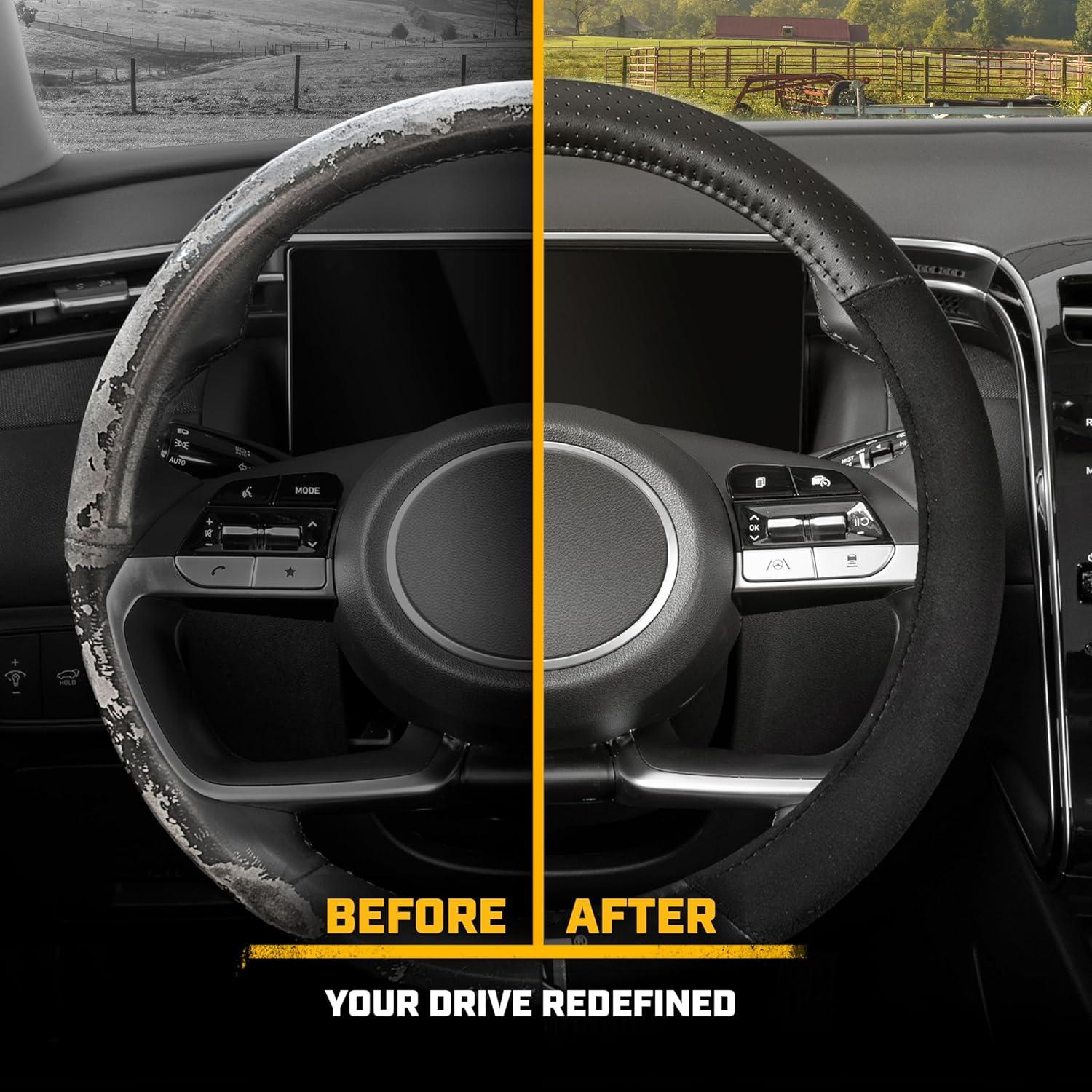 imageCat ErgoDrive Car Steering Wheel Cover with Light Gray Grip Standard 15 inch Size Durable and Comfortable with Advanced Grip Black Faux Leather Steering Wheel Cover for Auto Truck Van SUVBlackGray Suede