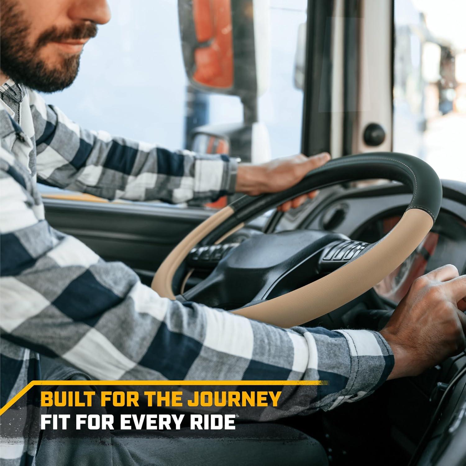 imageCat ErgoDrive Car Steering Wheel Cover with Light Gray Grip Standard 15 inch Size Durable and Comfortable with Advanced Grip Black Faux Leather Steering Wheel Cover for Auto Truck Van SUVBlackBeige BigDrive