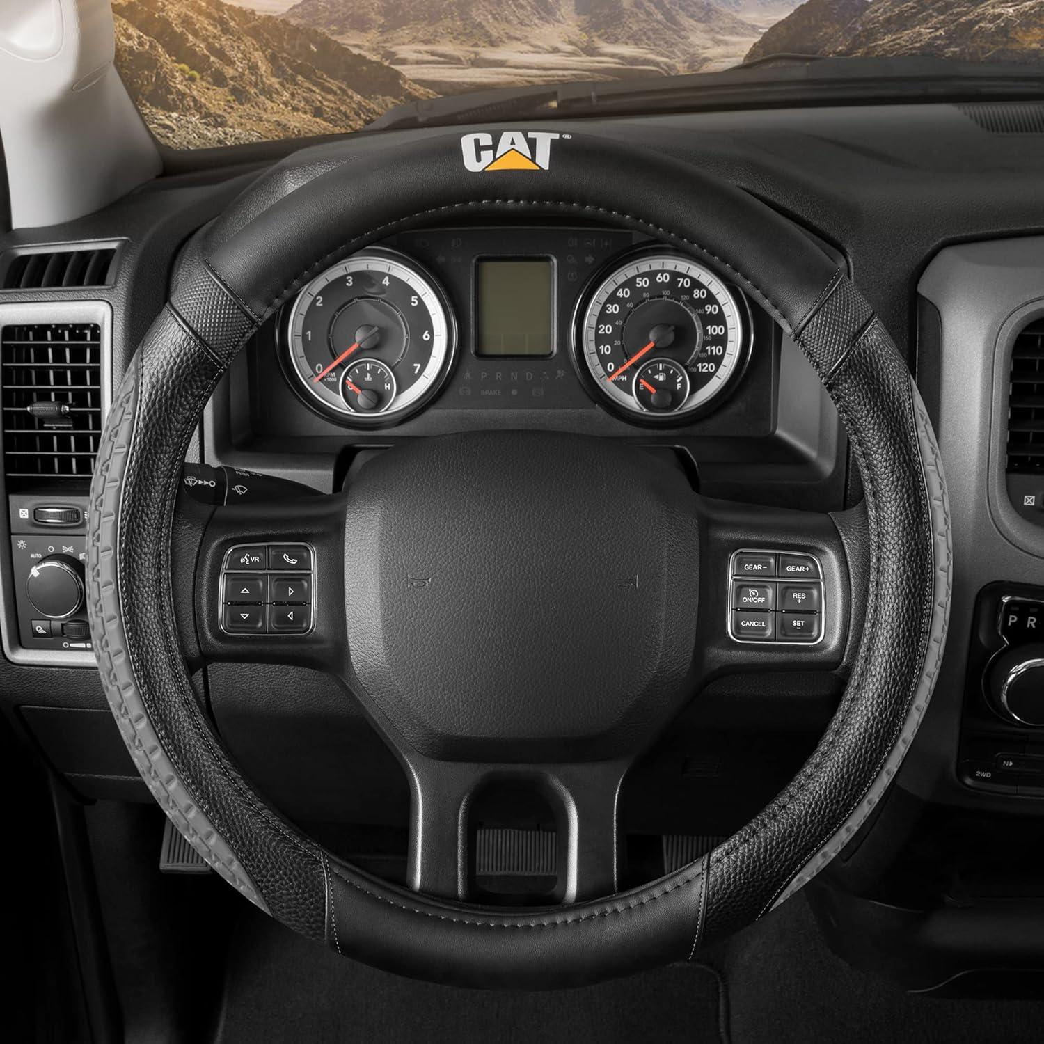 imageCat ErgoDrive Car Steering Wheel Cover with Light Gray Grip Standard 15 inch Size Durable and Comfortable with Advanced Grip Black Faux Leather Steering Wheel Cover for Auto Truck Van SUVBlackGray