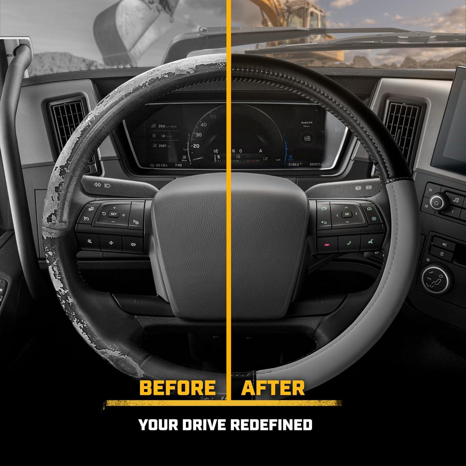 imageCat ErgoDrive Car Steering Wheel Cover with Light Gray Grip Standard 15 inch Size Durable and Comfortable with Advanced Grip Black Faux Leather Steering Wheel Cover for Auto Truck Van SUVBlackGray BigDrive