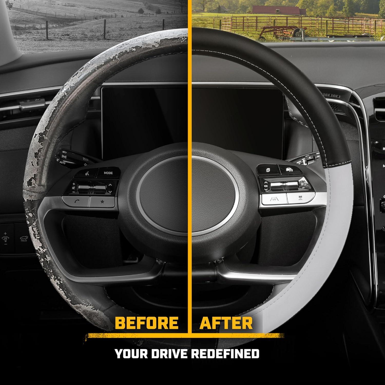 imageCat ErgoDrive Car Steering Wheel Cover with Light Gray Grip Standard 15 inch Size Durable and Comfortable with Advanced Grip Black Faux Leather Steering Wheel Cover for Auto Truck Van SUVGray ErgoDrive