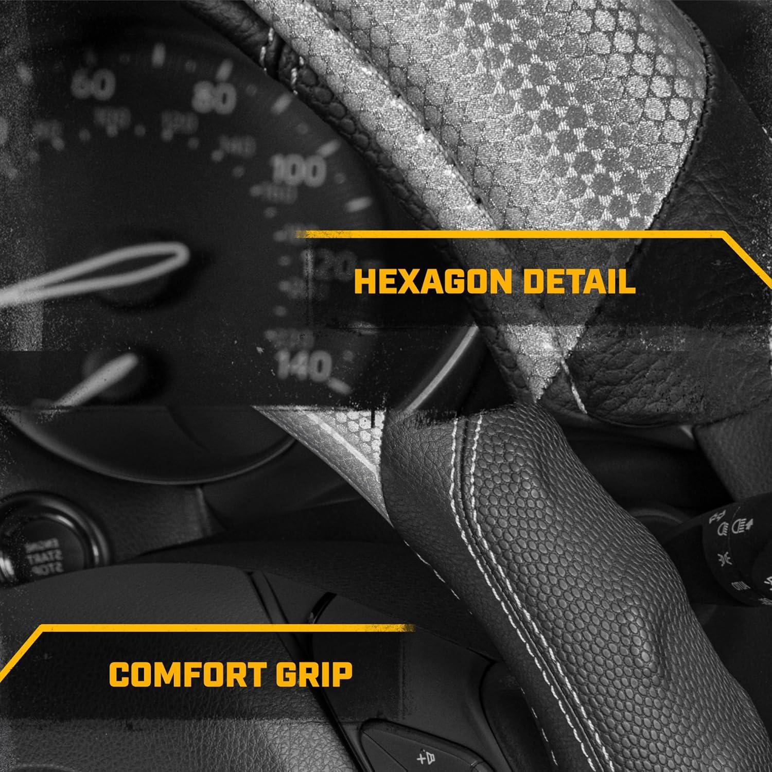 imageCat ErgoDrive Car Steering Wheel Cover with Light Gray Grip Standard 15 inch Size Durable and Comfortable with Advanced Grip Black Faux Leather Steering Wheel Cover for Auto Truck Van SUVGray HexSport