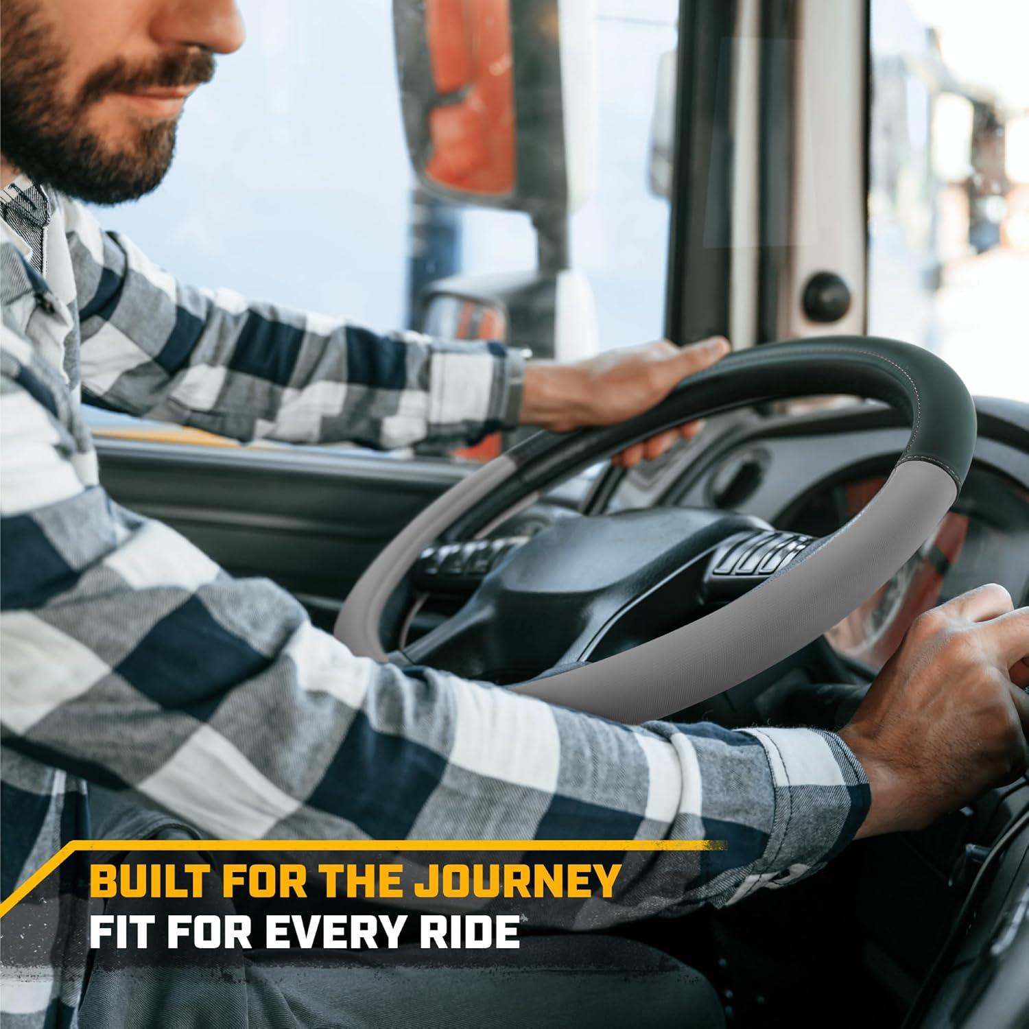 imageCat ErgoDrive Car Steering Wheel Cover with Light Gray Grip Standard 15 inch Size Durable and Comfortable with Advanced Grip Black Faux Leather Steering Wheel Cover for Auto Truck Van SUVBlackGray BigDrive