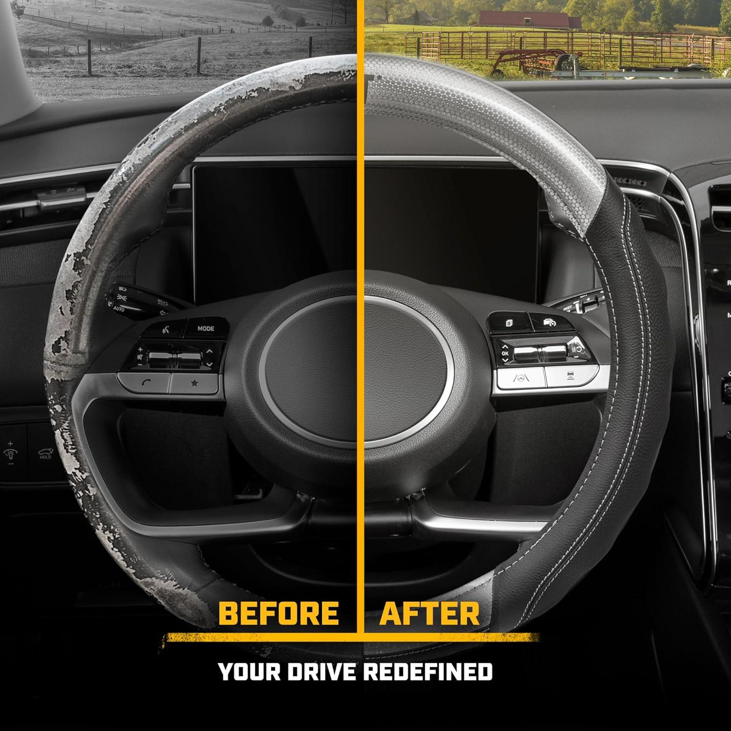 imageCat ErgoDrive Car Steering Wheel Cover with Light Gray Grip Standard 15 inch Size Durable and Comfortable with Advanced Grip Black Faux Leather Steering Wheel Cover for Auto Truck Van SUVGray HexSport