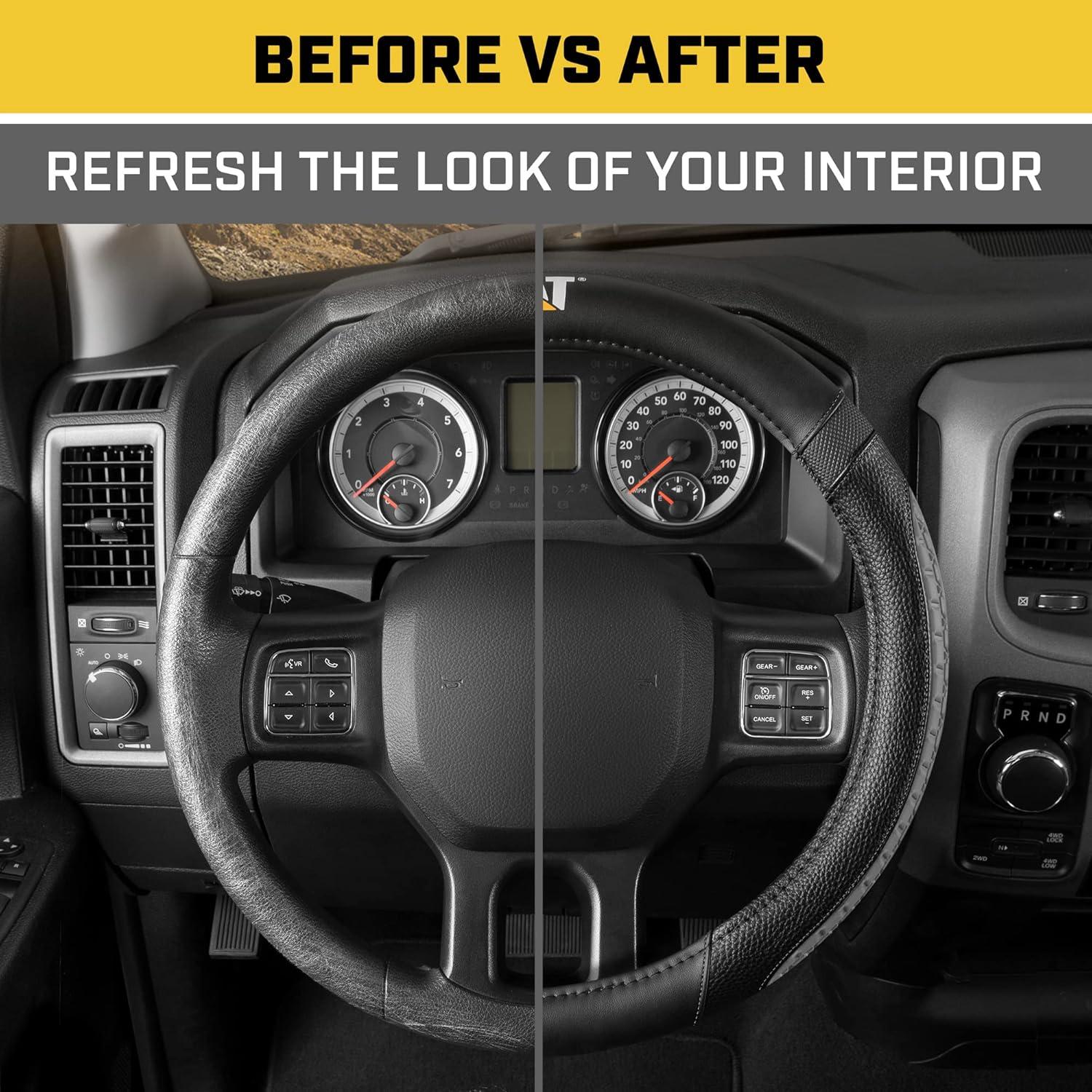 imageCat ErgoDrive Car Steering Wheel Cover with Light Gray Grip Standard 15 inch Size Durable and Comfortable with Advanced Grip Black Faux Leather Steering Wheel Cover for Auto Truck Van SUVBlackGray