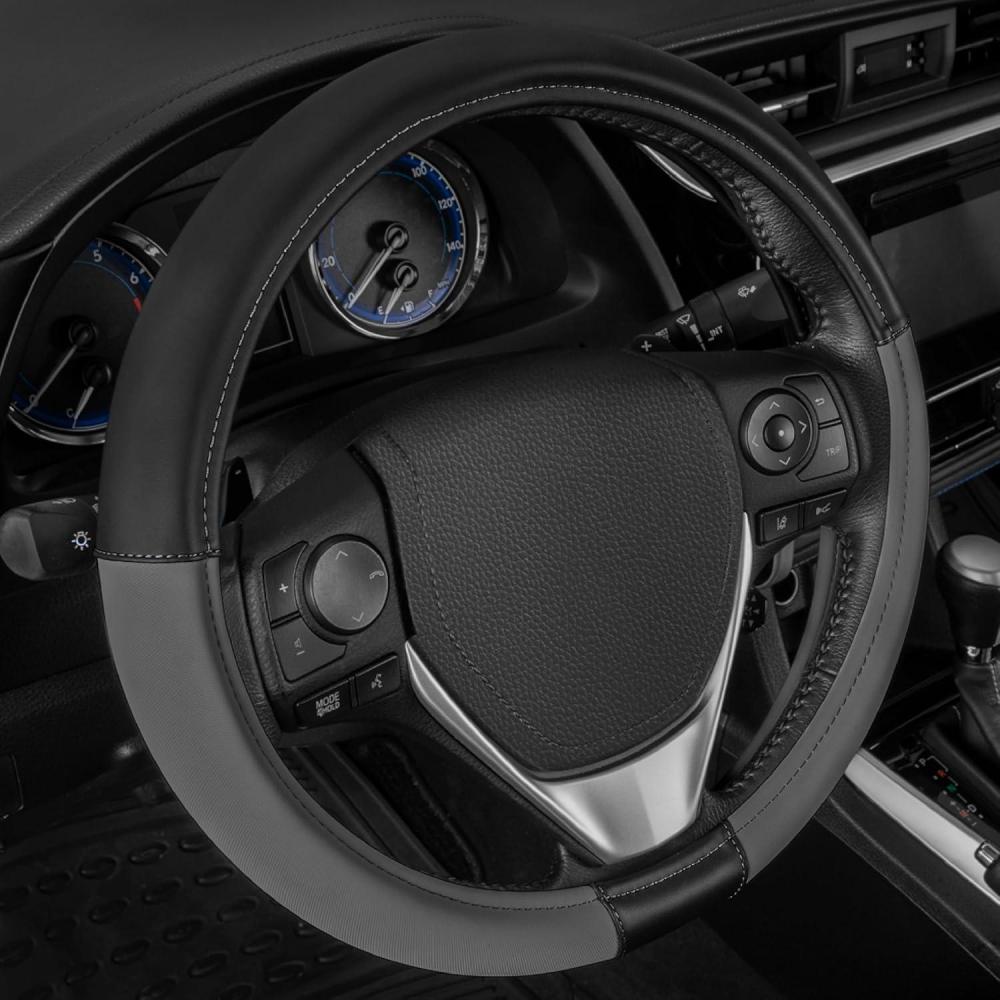 imageCat ErgoDrive Car Steering Wheel Cover with Light Gray Grip Standard 15 inch Size Durable and Comfortable with Advanced Grip Black Faux Leather Steering Wheel Cover for Auto Truck Van SUVDark Gray Black