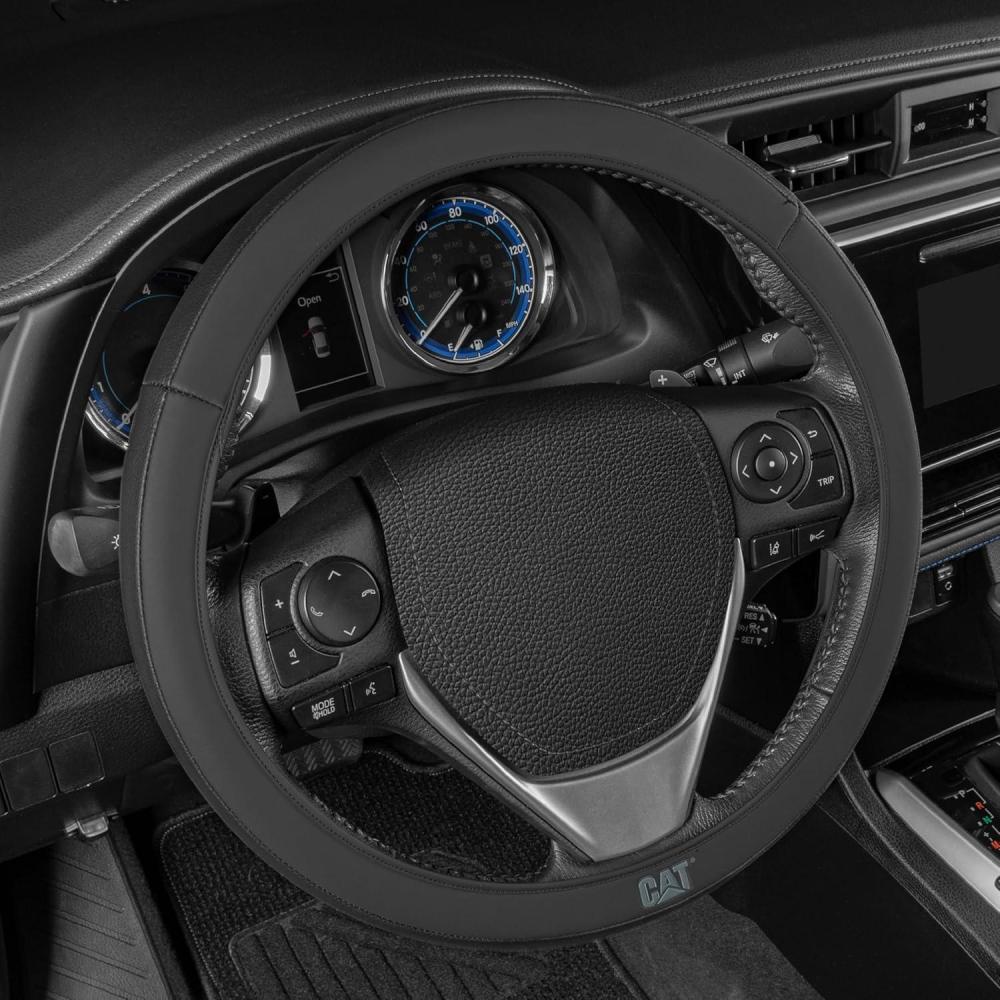 imageCat ErgoDrive Car Steering Wheel Cover with Light Gray Grip Standard 15 inch Size Durable and Comfortable with Advanced Grip Black Faux Leather Steering Wheel Cover for Auto Truck Van SUVBlack EasyWrap