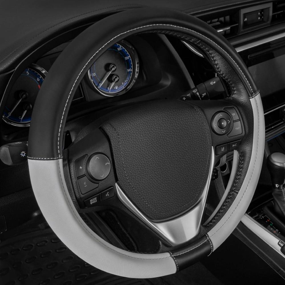 imageCat ErgoDrive Car Steering Wheel Cover with Light Gray Grip Standard 15 inch Size Durable and Comfortable with Advanced Grip Black Faux Leather Steering Wheel Cover for Auto Truck Van SUVGray ErgoDrive