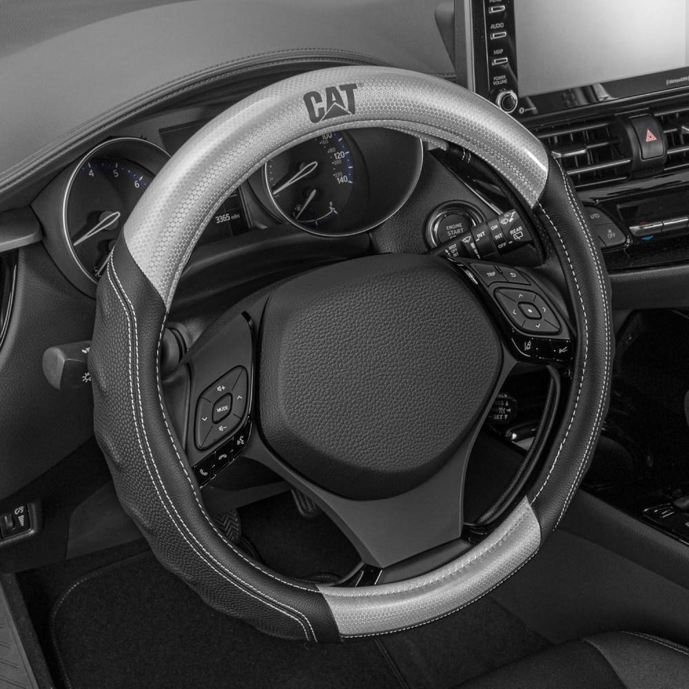 imageCat ErgoDrive Car Steering Wheel Cover with Light Gray Grip Standard 15 inch Size Durable and Comfortable with Advanced Grip Black Faux Leather Steering Wheel Cover for Auto Truck Van SUVGray HexSport