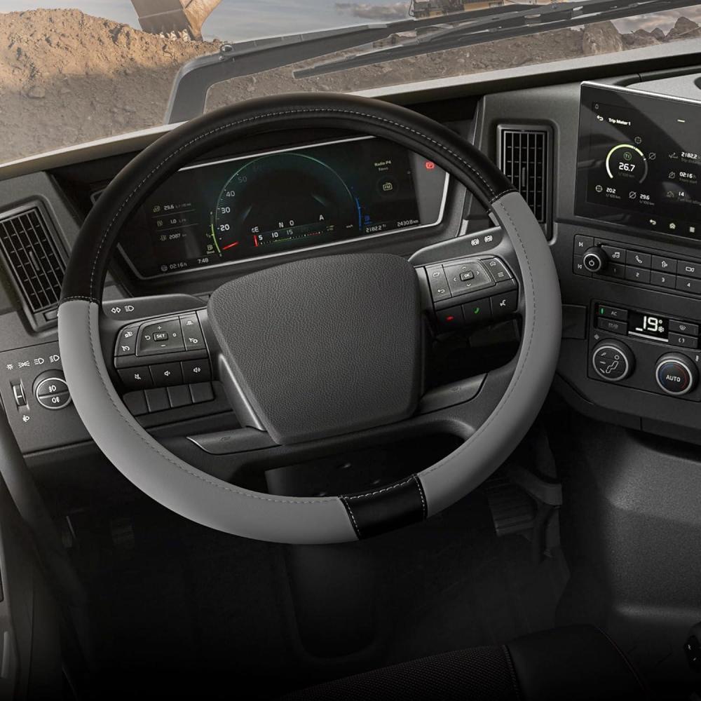 imageCat ErgoDrive Car Steering Wheel Cover with Light Gray Grip Standard 15 inch Size Durable and Comfortable with Advanced Grip Black Faux Leather Steering Wheel Cover for Auto Truck Van SUVBlackGray BigDrive