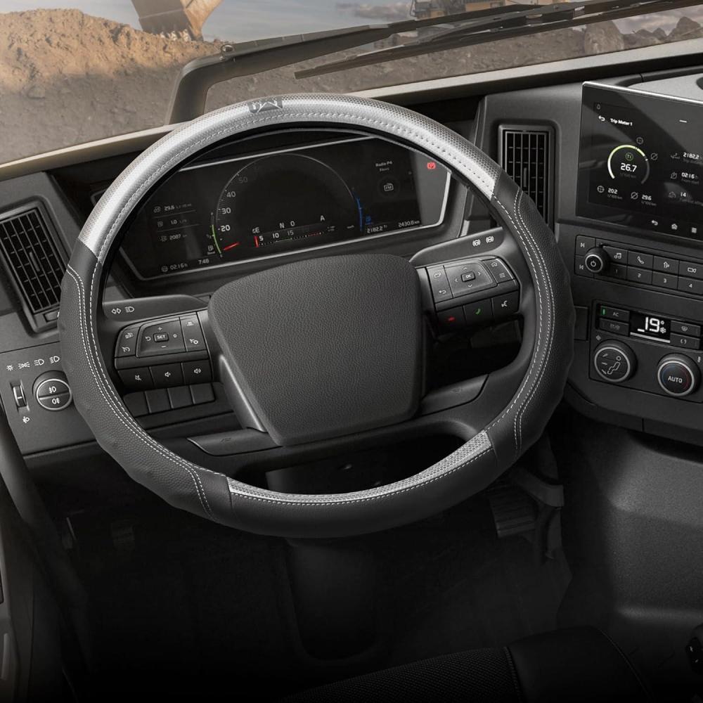 imageCat ErgoDrive Car Steering Wheel Cover with Light Gray Grip Standard 15 inch Size Durable and Comfortable with Advanced Grip Black Faux Leather Steering Wheel Cover for Auto Truck Van SUVBlackGray BigGrip