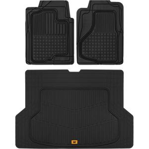 CAT® Large Heavy Duty Rubber Floor Mat & Cargo Trunk Liner for Car, SUV, Van, Sedan, Truck – Trim-to-Fit, All-Weather Deep Dish Ridges for Dirt Protection, Front and Rear Mats Black(3-Piece)