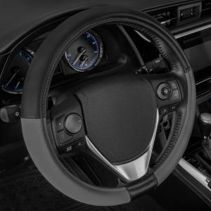 Cat® ErgoDrive Car Steering Wheel Cover with Light Gray Grip, Standard 15 inch Size, Durable and Comfortable with Advanced Grip, Black Faux Leather Steering Wheel Cover for Auto Truck Van SUV(Dark Gray / Black)