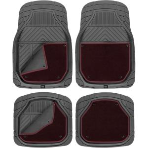 Cat Detachable Deep Dish Car Floor Mats for Auto Rubber w/ Removable Carpet Liner – Easy-Clean Automotive Floor Liners Heavy Duty All Weather Set, Black(Black and Burgundy)