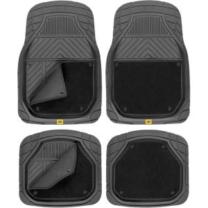 Cat Detachable Deep Dish Car Floor Mats for Auto Rubber w/ Removable Carpet Liner – Easy-Clean Automotive Floor Liners Heavy Duty All Weather Set, Black(Black)