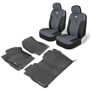 Cat 3D MeshFlex Custom Floor Mats & Seat Covers for Ford F-150 SuperCrew 2015-2023, 2pc Breathable Seat Cushions/Covers Plus 3pc Floor Liners – Combo Set – Black & Beige(Black & Gray)
